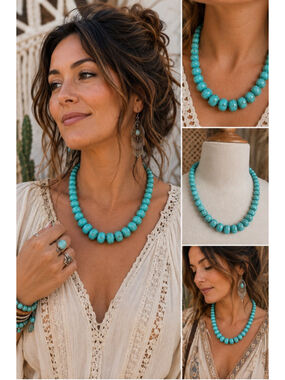 Turquoise Color Stone Bead Necklace Blue Rondelle Beads Boho Southwestern